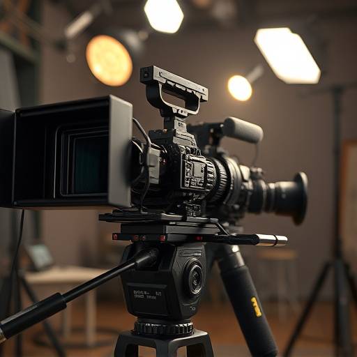 Divers √©quipements de tournage, y compris une cam√©ra, un micro et des lumi√®res.