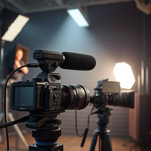 Divers √©quipements de tournage, y compris des cam√©ras, des microphones et des √©clairages professionnels