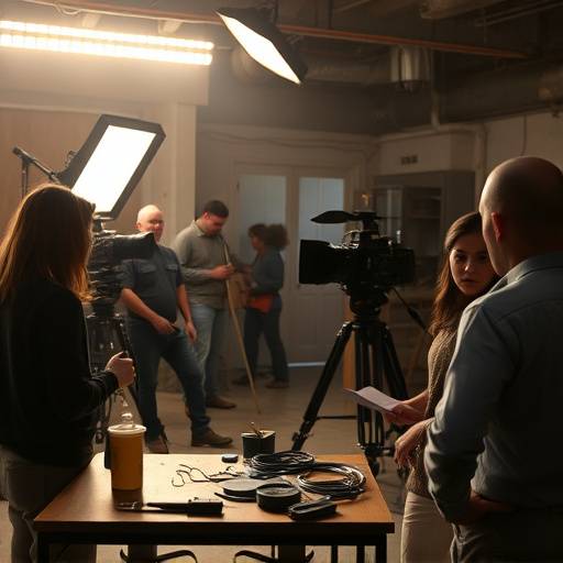 Un groupe de participants travaillant sur un plateau de tournage lors d'un atelier de r√©alisation.