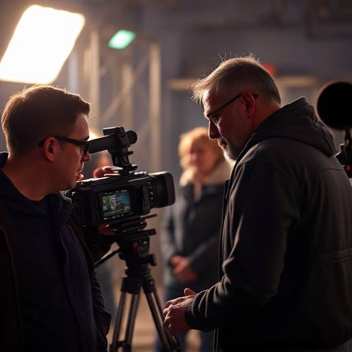 Un r√©alisateur dirigeant une √©quipe de tournage sur un plateau, concentr√© et passionn√©.