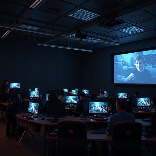 Une salle de classe de cin√©ma avec des projecteurs, des √©crans et des √©tudiants travaillant sur des projets